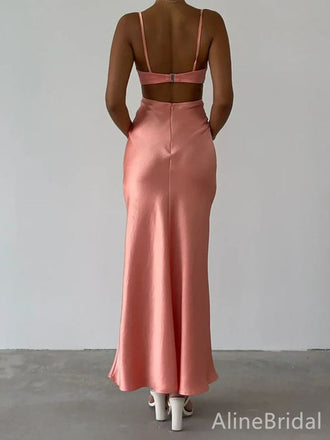 Stylish Peach Pink Spaghetti Strap Backless Long Prom Dress, Evening Dress, PD382168