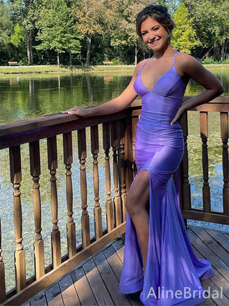 Elegant V-neck Purple Spaghetti Strap Side Slit Mermaid Long Prom Dress,Evening Dress,PD382169