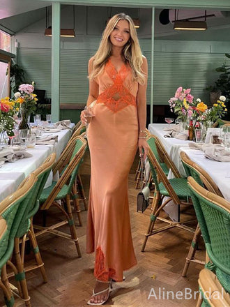 Elegant Orange V-neck Long Mermaid Prom Dress, Evening Dress, PD382173