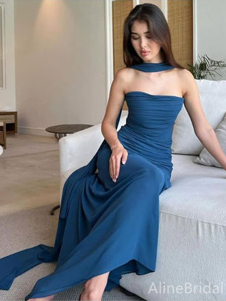 Premium Navy Blue Strapless Flutter Straps Long Prom Dress, Evening Dress, PD382191