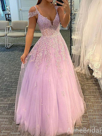 Gorgeous Pink V-neck Off-Shoulder Lace Applique A-line Long Tulle Prom Dress, Evening Dress, PD382192
