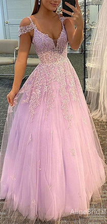 Gorgeous Pink V-neck Off-Shoulder Lace Applique A-line Long Tulle Prom Dress, Evening Dress, PD382192