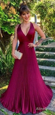 Elegant Burgundy Halter V-neck A-line Long Prom Dress, Evening Dress, PD382194