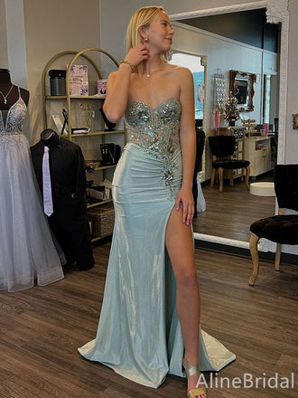 Gorgeous Light Turquoise Sweetheart Strapless Long Mermaid Prom Dress with Side Slit, Evening Dress, PD382195