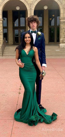 Elegant Green V-neck Mermaid Long Prom Dress with Side Slit ,Evening Dress, PD382196