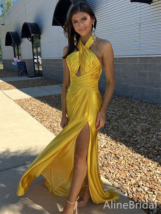 Gorgeous Yellow Halter Split Side Mermaid Long Prom Dress,Evening Dress,PD382200
