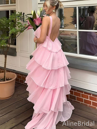 Elegant Pink Halter A-line Long Tiered Prom Dress, Evening Dress, PD382206