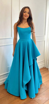 Flashy Peacock Blue V-neck Strapless A-line Irregular Pleats Long Prom Dress,Evening Dress,PD382208