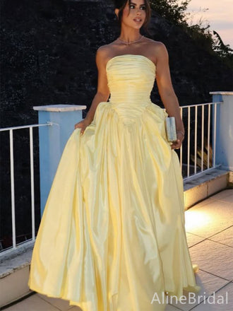 Gorgeous Yellow Strapless Pleated A-line Long Prom Dress, Evening Gown, PD382211