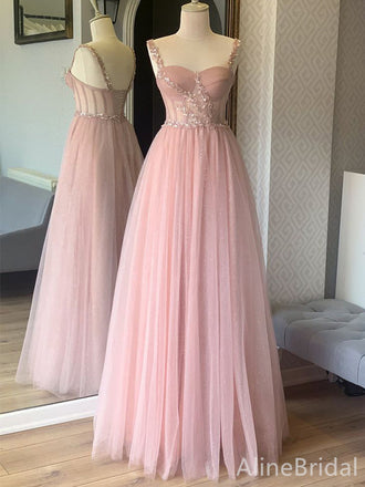 Sweet Pink Sweetheart See Through Bodice A-line Long Prom Dress with Beading, Evening Dress,PD382213