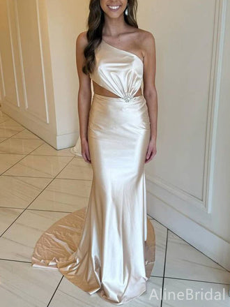 Sexy Champagne One Shoulder Pleated Long Mermaid Dress, Evening Dress, PD382215