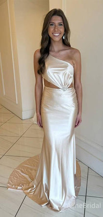 Sexy Champagne One Shoulder Pleated Long Mermaid Dress, Evening Dress, PD382215
