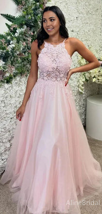 Soft Pink Halter Lace Appliques A-line Long Tulle Prom Dress, Evening Dress, PD382218