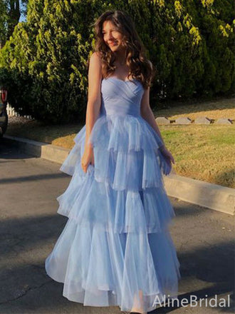 Gorgeous Blue Sweetheart Strapless A-line Long Layered Tulle Prom Dress, Evening Dress, PD382219
