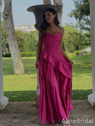 Sparkly Hot Pink V-neck Spaghetti Strap Pleatded A-line Long Prom Dress,Evening Dress, PD382220