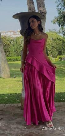 Sparkly Hot Pink V-neck Spaghetti Strap Pleatded A-line Long Prom Dress,Evening Dress, PD382220