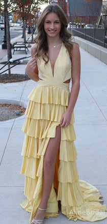 Elegant Yellow V-neck A-line Ruffles Tiered Prom Dress with Side Slit, Evening Dress, PD382223
