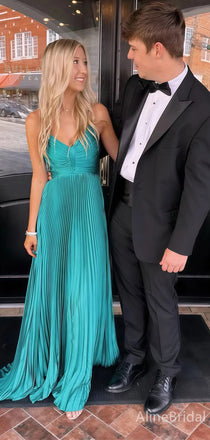 Sexy Blue V-neck Spaghetti Strap Pleated A-line Long Prom Dress,Evening Dress,PD382224