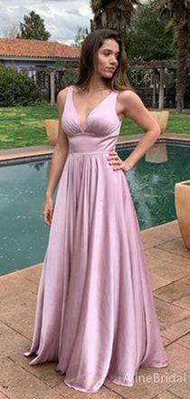 Simple Pink V-neck Sleveless A-line Long Prom Dress, Evening Dress, PD382228