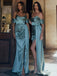 Elegant Spaghetti Strap Off-Shoulder Split Side Mermaid Long Bridesmaid Dress,PD3232