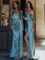 Elegant Spaghetti Strap Off-Shoulder Split Side Mermaid Long Bridesmaid Dress,PD3232