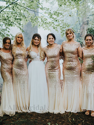 Elegant Champagne Gold Strapless Mermaid Long Bridesmaid Dress, PD3149
