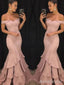 Elegant Pink Off Shoulder Ruffled Tiered Mermaid Long Prom Dress, Evening Dress, PD3823006