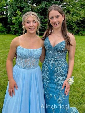 Elegant Blue V-neck Lace Applique Long Mermaid Tulle Prom Dress, Evening Dress, PD382290