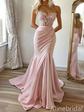 Pastel Pink Strapless Lace Applique Mermaid Long Prom Dress, Evening Dress, PD3823005