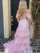 Sparkly Pink Off the Shoulder Lce Ruffles Tiered Mermiad Prom Dress, Evening Dress, PD382292