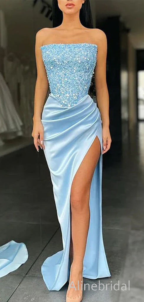 Sparkly Sequins Strapless Side Slit Blue Prom Dress, Evening Dress, PD3823012