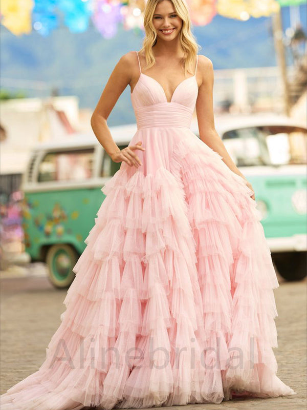 Pink Elegant V-neck Sleeveless A-line Long Prom Dress, PD3624