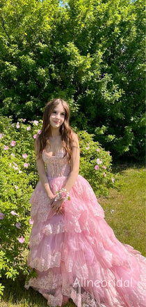 Glamorous  Corset Top Pink Tiered Tulle  Prom Dress with Lace Detailing, Graduation Dress, PD382239