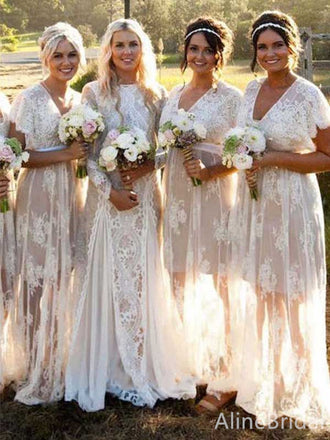 Elegant V-neck Lace A-line Long Bridesmaid Dress,PD3253