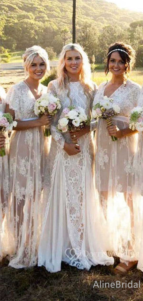 Elegant V-neck Lace A-line Long Bridesmaid Dress,PD3253