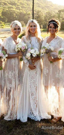 Elegant V-neck Lace A-line Long Bridesmaid Dress,PD3253