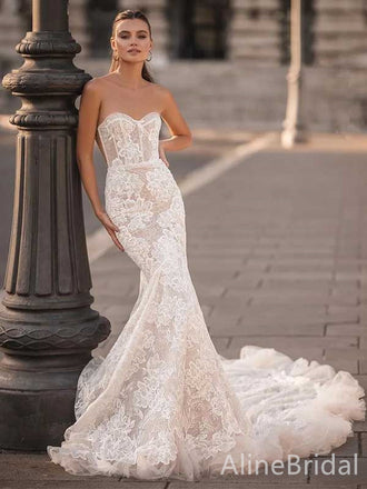 Elegant Sweatheart Strapless Mermaid Long Lace Wedding Dresses, WD3060