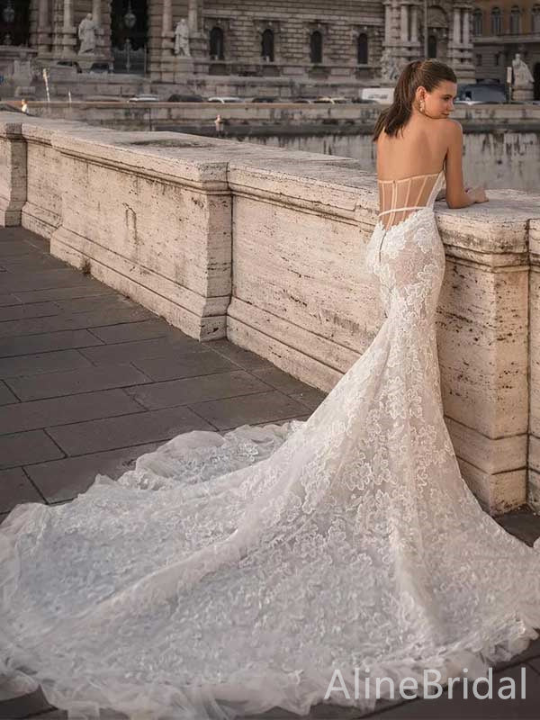 Elegant Sweatheart Strapless Mermaid Long Lace Wedding Dresses, WD3060