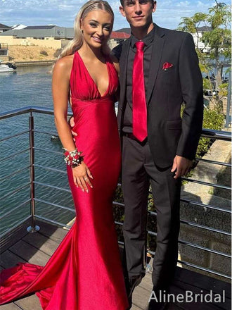 Sexy Red Deep V-neck Halter Long Mermaid Prom Dress, Evening Dress, PD382107
