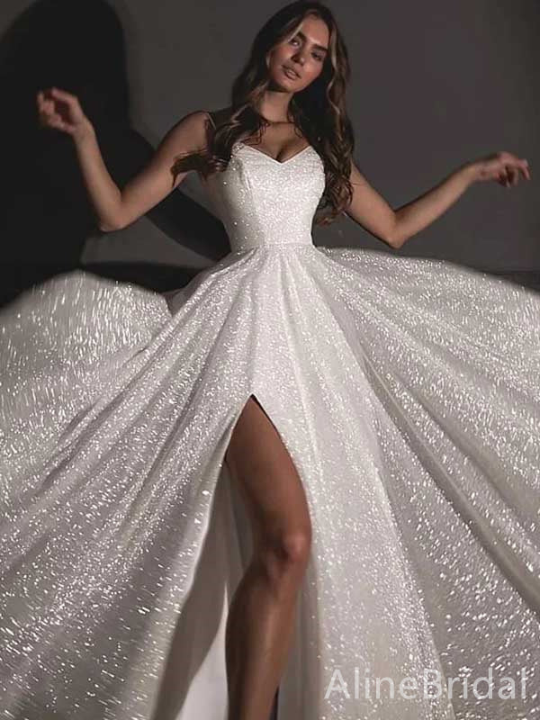 Sparkly V-neck Spaghetti Strap A-line Long Wedding Dresses,WD3062