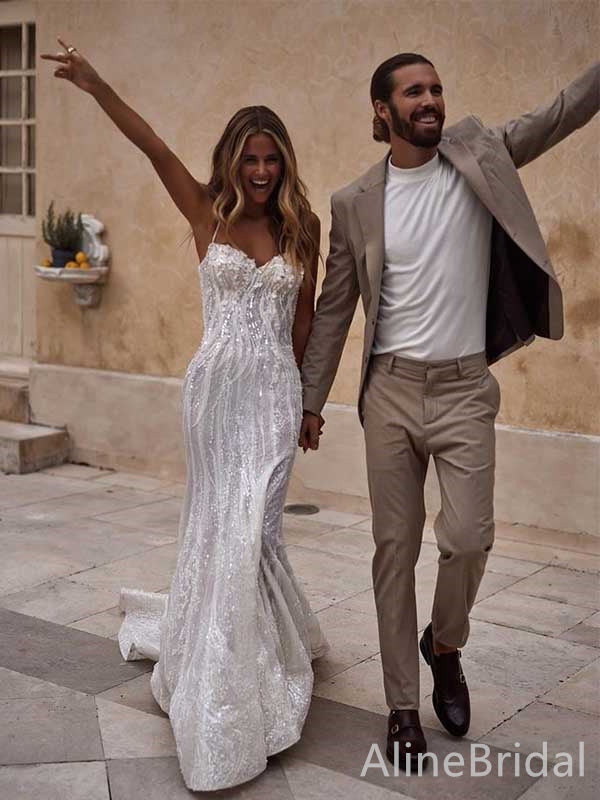 Elegant Sweatheart Spaghetti Strap Mermaid Long Wedding Dresses,WD3064