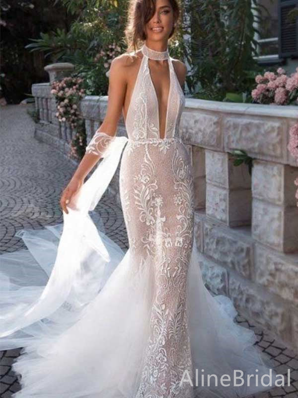 Elegant Halter V-neck Backless Mermaid Lace Wedding Dresses,WD3066