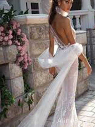 Elegant Halter V-neck Backless Mermaid Lace Wedding Dresses,WD3066