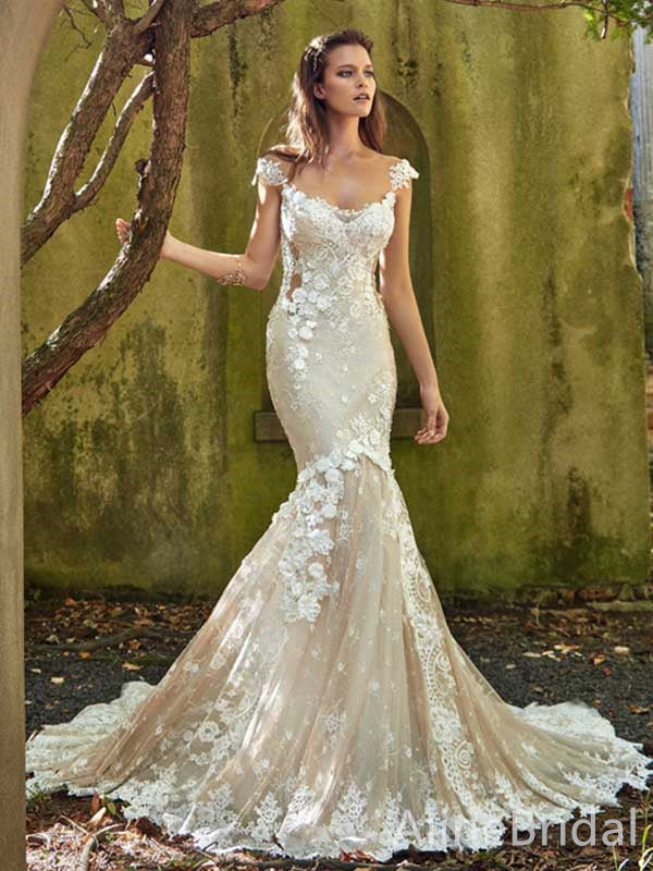 Elegant Off-Shoulder Lace Appliques Mermaid Long Wedding Dresses,WD3067