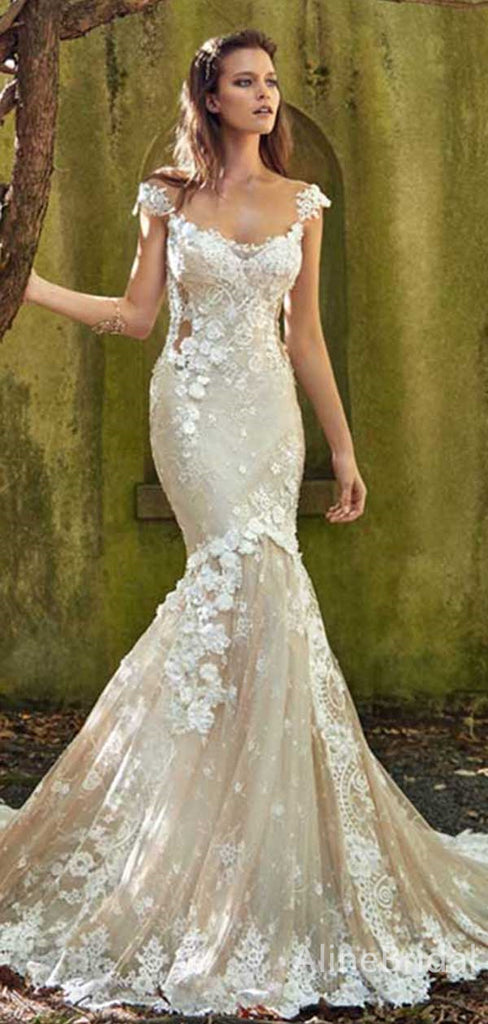 Elegant Off-Shoulder Lace Appliques Mermaid Long Wedding Dresses,WD3067