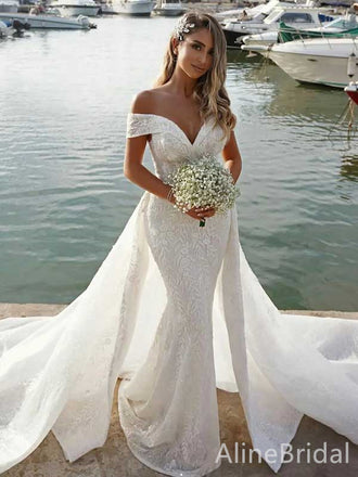 Elegant V-neck Off-Shoulder Mermaid Long Wedding Dresses with Train, WD3069
