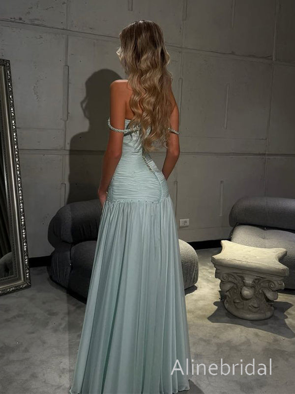 Flowy Blue Off the Shoulder A-line Long Chiffon Prom Dress, Evening Dress, PD3823009