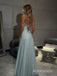 Flowy Blue Off the Shoulder A-line Long Chiffon Prom Dress, Evening Dress, PD3823009