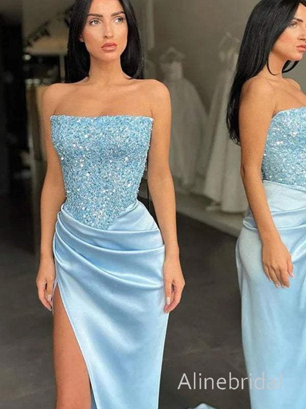 Sparkly Sequins Strapless Side Slit Blue Prom Dress, Evening Dress, PD3823012