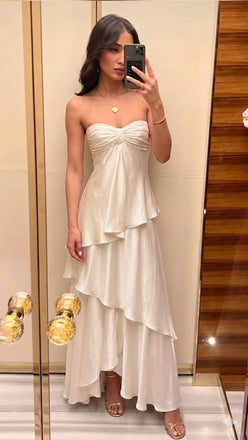 Elegant Soft White Strapless A-line Tiered Prom Dress, Evening Dress, PD2823094